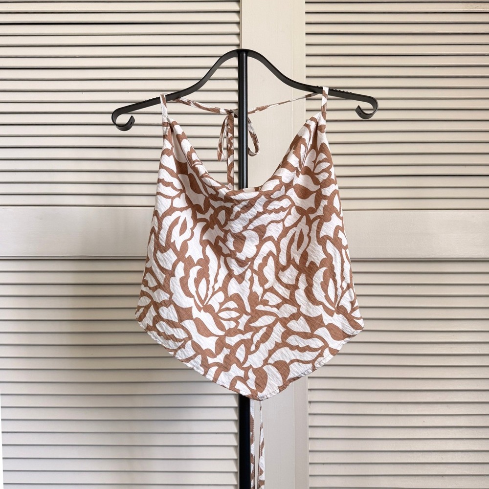 Papermoon‎ Brown White Abstract Floral Halter Handkerchief Top Cowl Neck Small